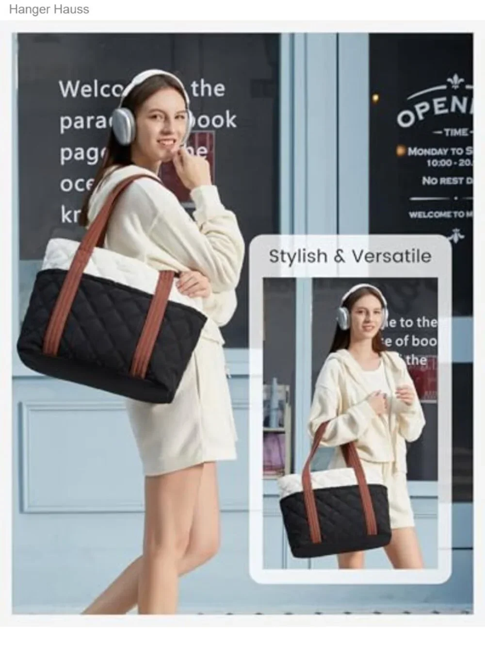 Puffer Tote Bag for Women with Laptop Pocket and Cup Holder, Nylon Handbag,